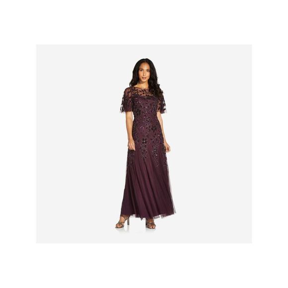 adrianna papell burgundy dress High Low Crepe Halter Gown With Organza Draping In Cabernet main image 1